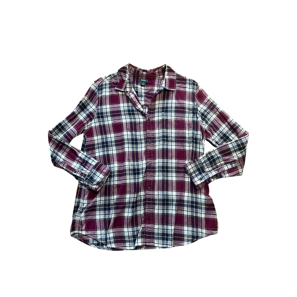 Roots Canada Plaid Flannel Button Down Shirt Burgundy Purple | Women’s Large